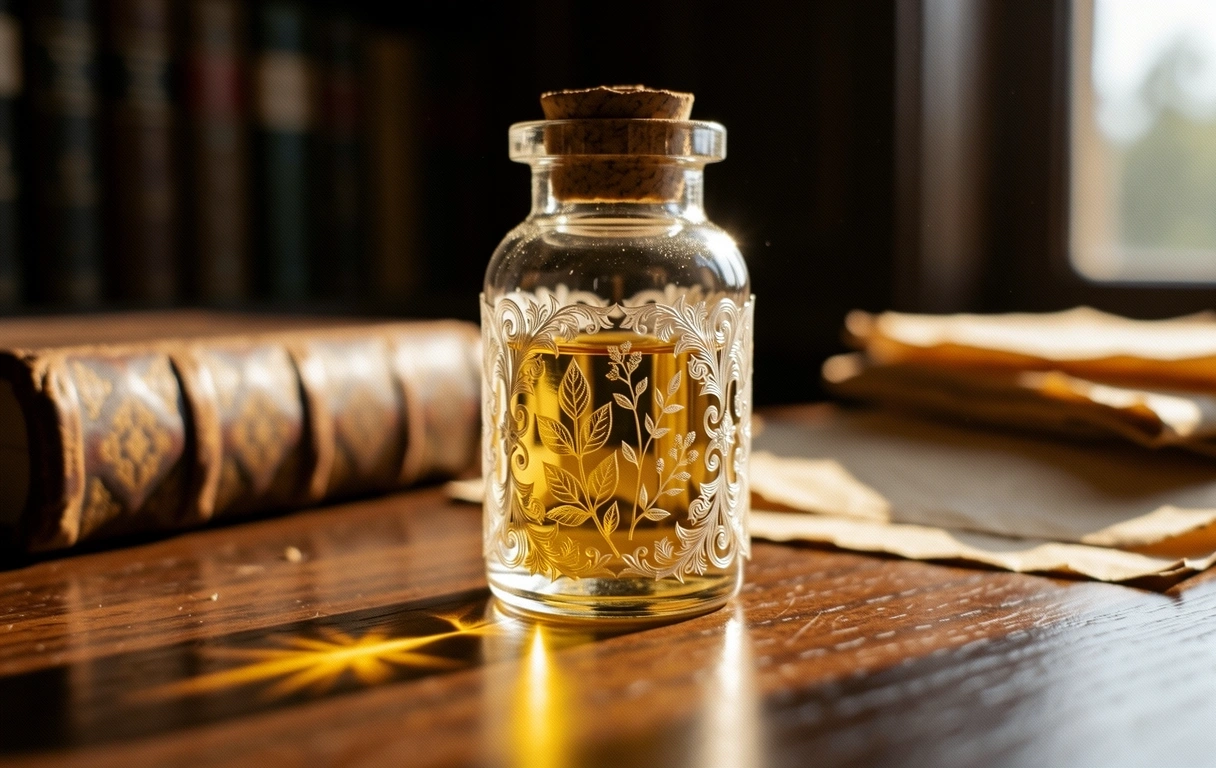 Apothecary glass vial in a library setting